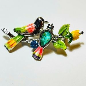 Vintage Enamel Rhinestone Birds Floral Branch Brooch Pin Dainty Silverto…